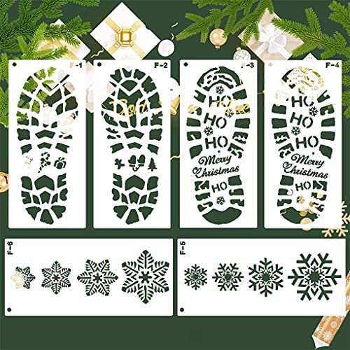 Plantilla de 6 piezas de copo de nieve y huella de Papá Noel-12 x 5,5inch, plantilla de pintura de dibujo artesanal de plástico reutilizable para rociar ventana, puerta, madera, tarjeta de Navidad