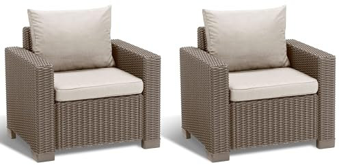 Allibert by Keter Gartenlounge Sessel California, cappuccino/sand, 2er Set, inkl. Sitz- und Rückenkissen, Kunststoff, runde Rattanoptik, 83 x 68 x 72 cm