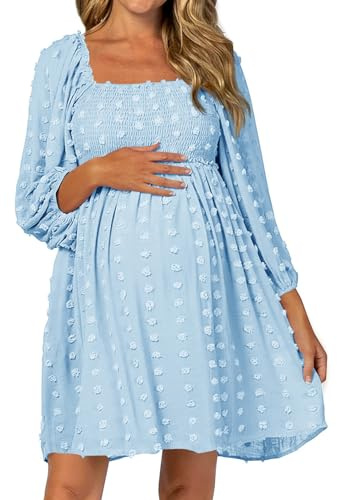 Ofenbuy Women's Long Sleeve Maternity Dress Square Neck Swiss Dot Casual Loose Short Dresses Light Blue