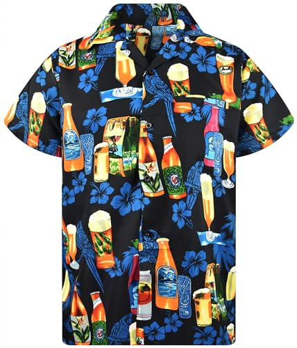 King Kameha Funky Hawaii-skjorta för män, kortärmad framficka, party, drycker, ölflaskor, tryck, Ölflaska svart, 3XL