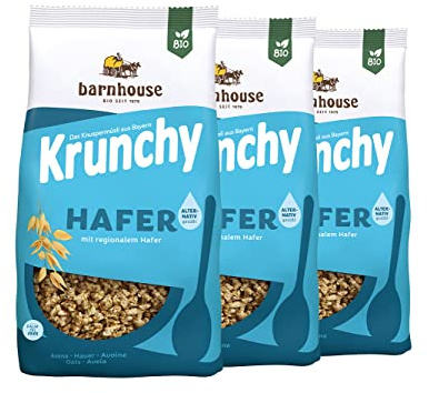 Barnhouse Krunchy Hafer alternativ gesüßt, Bio Hafer-Knuspermüsli aus Bayern, nur mit Reissirup gesüßt, 3 x 375 g