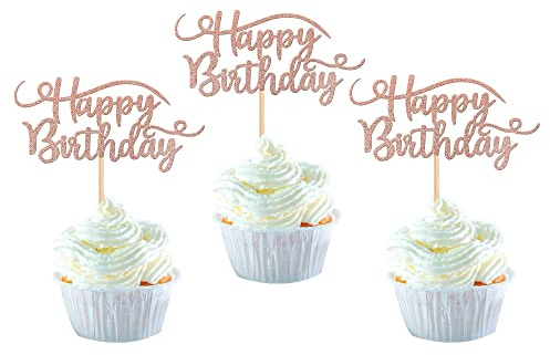 24 Stück Happy Birthday Cupcake Toppers Glitter Geburtstag Tortendeko zum Feiern alles Gute zum Geburtstag Party Kuchen Dekorationen Zubehör Roségold
