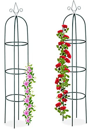 Relaxdays Rankhilfe Obelisk, 2er Set, 200 cm hoch, Ranksäule für Kletterpflanzen, Metall, freistehend, Rosenturm, grün, 200 x 41 cm
