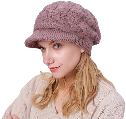 CheChury Damen Wollmütze Winter Mütze Warme Strickmütze Frauen Wintermütze Kaschmir Mütze mit Shirm Damen Schirmmütze Grobstrick Baskenmütze Winter Strickmütze mit Schirm Damen Barett Fleece