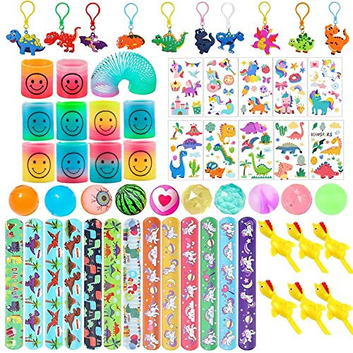 Kids Party Bag Fillers for Girls and Boys Assortment of Party Favours Kid Samll Toy for Game Prizes with Tattoos Bouncy Balls Slap Bands Rainbow Kechains Kidz Party Bags Kids Party Favour Packs