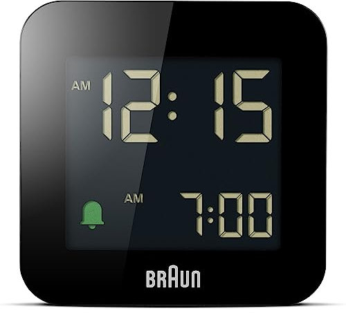 Braun Digitaler Reisewecker Schlummerfunktion, kompakte Größe, Negatives LC-Display, Schnelleinstellfunktion, Crescendo-Alarm in Schwarz, Modell BC08B (2 Pack)