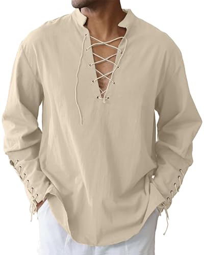 LVCBL Mens Long Sleeve Shirts Linen Retro Style Casual Shirt Medieval Vintage Viking Shirts