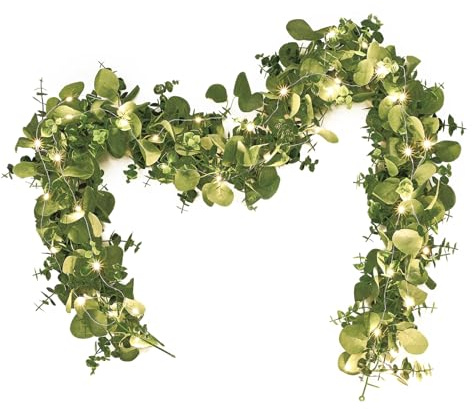 Dolicer 2 Packs 6FT Artificial Eucalyptus Garland with LED Light String, Faux Greenery Garland Hanging Fake Silver Dollar Eucalyptus Leaves Vines for Wedding Backdrop Arch Table Wall Party Home Decor