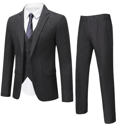 Allthemen Business kostymer för män 3 delar slim fit kostymer 2 knappar rutiga kostymer jacka väst byxor bröllop, Grå, L