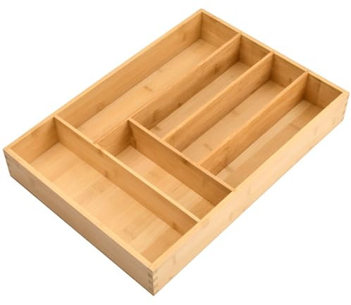 Organizador Cubiertos de Bambú 43 x 30 x 6 cm, 6 Compartimentos Bandeja para Cubertería, Separador Cubiertos Cajón de Madera, Inserto de Cajónes Estante para Utensilios Cocina Oficina Almacenamiento