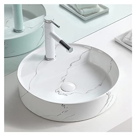 Lavabo Lave-Mains Vasque à Poser sur Le comptoir en céramique Petit évier Bol Moderne Vasque évier Artistique Blanc marbre Motif Salle de Bain vanité Bol avec Pop Up Drain Lavabo de Comptoir de Salle