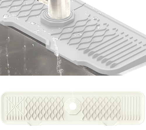 Veki Silicone Faucet Mat for Draining, Kitchen Tap Sink Splash Guard, Foldable Tap Drip Draining Holder, Faucet Handle Drip Catcher Tray for Kitchen and Bathroom Countertop Protect (61 cm, White)