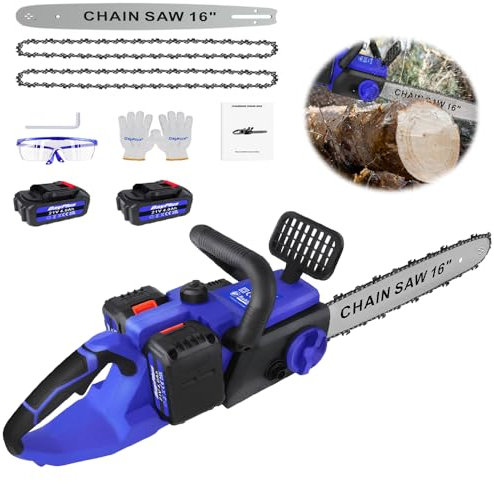 16 inch Battery Chain Saws, Cordless Chainsaw Brushless Motor with 2×4.0AH Batteries, 1200w Portable Electric Pruning Saw with Safety Locking Button for Tree Branches, 2 Chains, 50ml Oil Capacity