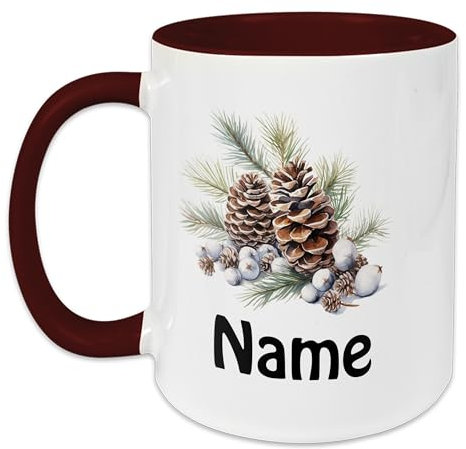 GRAZDesign Weihnachtstasse Waschbär mit Namen personalisiert, Kaffeetasse zur Weihnachten mit Dunkelrot Keramik (Tannenzapfen, 330ml)