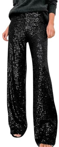 IMEKIS Damen Pailletten Hosen Elastische Hohe Taille Breite Bein Einfarbige Lose Lange Sparkly Festlich Rave Party Tanzhosen Y2K Disco Nacht Clubwear Schwarz S