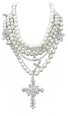 Layered Pearl Necklace Gothic Cross Pearl Stacked Necklace for Women