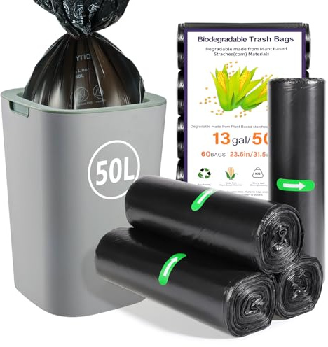 60 x 50 Liter Bin Bags, 23.62 * 31.5 in/13 Gallon Kitchen Bin Liners, Black | 4 Roll Large (60x80cm) Food Waste Bags Garbage Bags for Kitchen Outdoor Office Bedroom Bathroom Trash Can Liners