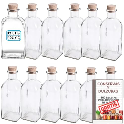Pack 12 Frascas de Cristal de 500 ml con Tapón de Corcho - Frascos Cuadrados Herméticos Rellenables y Reutilizables Resistentes para Bebidas, Aceite, Vino, Licor... Incluye Etiquetas (500 cc)