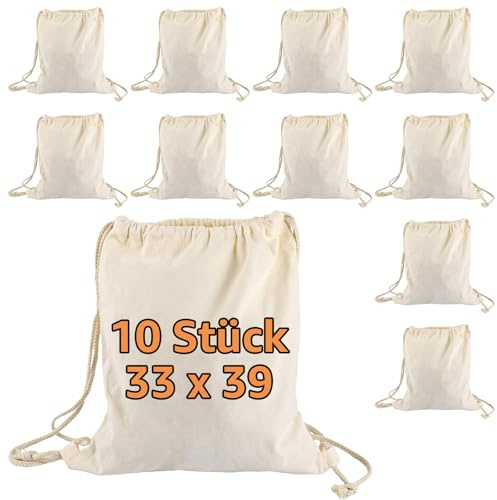 10 stycken bomullspåsar – gymnastikpåse 33 x 39 cm sportväska med snöre – ryggsäck, väska, jutepåse testad tygväska kvinnor och män – gymväska, tom att måla för sport och resor, Beige, 34x40CM