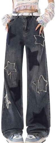 Pink Star Jeans Baggy Y2k Kläder Söta Kläder för Tonåringar Cargo Byxor Kvinna(Black,Medium)