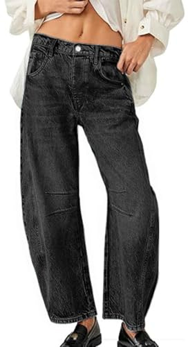 HUNGSON Jean baril pour femme - Jambe large - Taille mi-haute - Extensible - Ample - Jean boyfriend Y2k Baggy Boyfriend, noir, 40