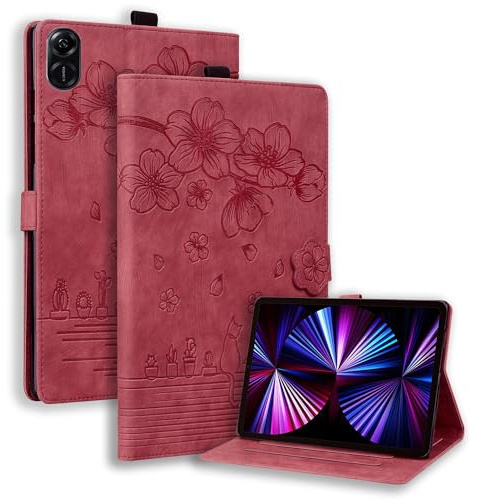 TEDTIKJT Cover pour Tablette Honor Pad X8a/Honor Pad X9 11 2024 Coque PU Cuir à Rabat Magnétique Support Protection Housse pour Honor Pad X8a Tablette Étui,Rouge Fleurs de Cerisier et Chats