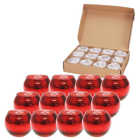 Hiseng 12 Stück Teelichthalter Glas Kerzenhalter Rund Sternenhimmel Votivkerzenhalter Teelichthälter Teelichter Dekoration für Weihnachten, Hochzeit, Kerzenlicht Abendessen (Rot)