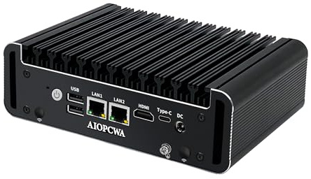 AIOPCWA Fanless Mini PC, Celeron N5105 Industrial Computer, 2 Port 2.5GbE i225V LAN, 2 × COM RS232 Serial Port, 8GB RAM 128GB SSD, Support WinOS, Linux, Wifi/BT, Type-C, SIM slot
