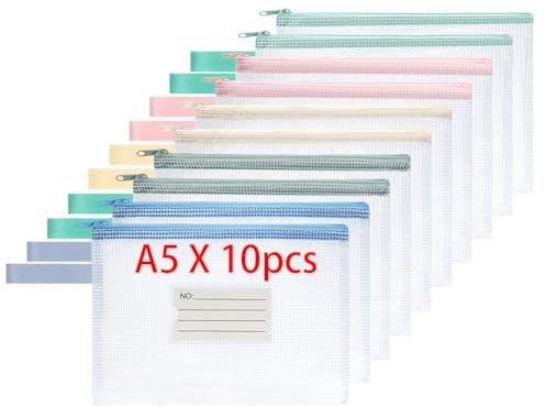 OFFCUP Dokumententasche mit Reißverschluss A5, 10 Stücke Reißverschlusstaschen mit Etikett, Wasserdichte Datei Zipper Tasche, Kunststoff Datei Taschen für Dokument, Papier, Kosmetik