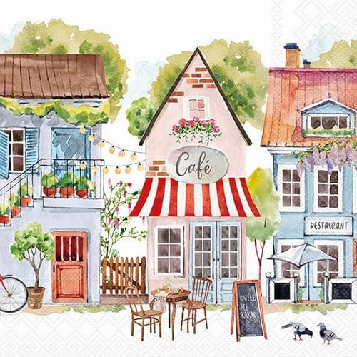 20 Servietten Städte Cafe zwischen Häuser als Tischdeko. Papierservietten mit Motiv. Auch für Decoupage und Serviettentechnik 33x33cm