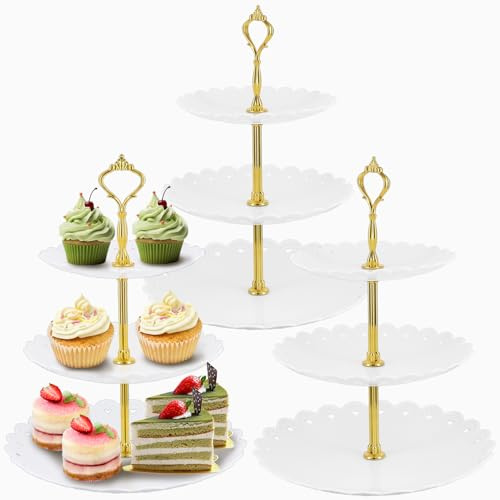 MAHIONG 3 PCS 3-Tier Cupcakes Stand, Plastic Cake Stand, Afternoon Tea Stands, 35cm White Cupcakes Display Stands for Tea Party, Wedding Home Decor