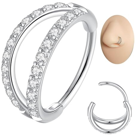 Popuhoops Double Open Stack CZ Nasenring Reifen 316L Chirurgenstahl Helix Rook Conch Knorpel Daith Tragus Ohrringe Scharnierbares Segment Nostril Piercing Septum Clicker 20G 18G 16G Lippenring