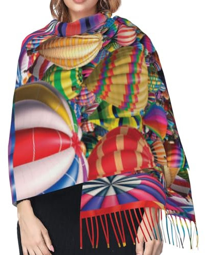 Hceaatb Damen-Schal, Heißluftballon, bunt, modisch, Winter, warmer Schal, Kaschmirschal, Fransenschal, Schwarz , Einheitsgröße