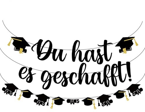 Xietaea 2 Stück Abschluss Deko Girlande - Schwarz Graduation Dekoration Du hast es geschafft Banner, Papier Gratulation Dekorationen für Abitur Bachelor Abschlussfeier (Einfädeln notwendig)