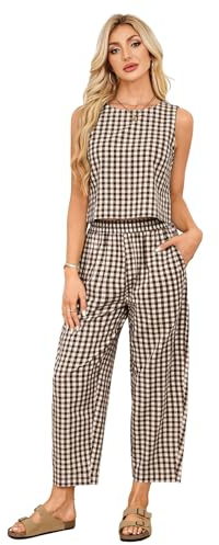SotRong Gingham Summer Two Pieces Outfit Women Relaxed Boxy Fit Plaid Checked Pattern Leisure Wear Sets Sleveless Crewneck Tank Tops High Elastic Waist Cropped Pants Chic Y2k Coordinated Matching Set