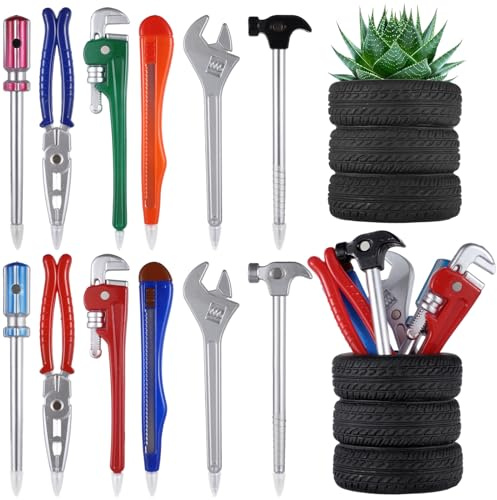 YOFAPA Novelty Tool Ballpoint Pens Set, 12 Pcs Creative Writing Ballpoint Pens with 2 Pcs Tire Shaped Pen Holders, Colorful Hardware Shape Pens, Black Ink Stationary Supplies for School, Office