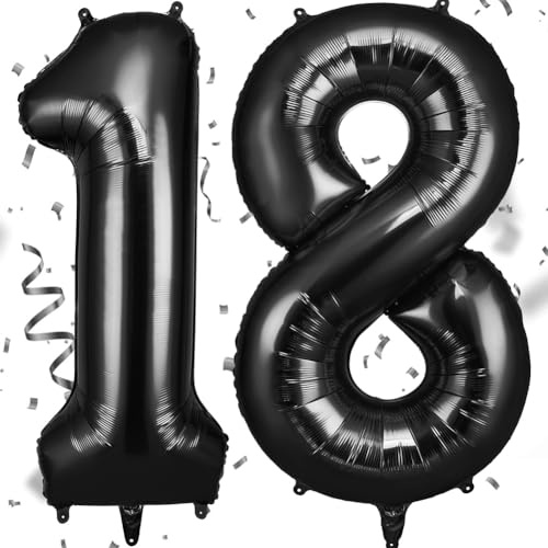 OFFCUP Luftballon Zahlen 18, Schwarz 18 Geburtstag Zahlen Ballon | 101cm Groß Folienballon 40 Zoll Helium Ballons zum Mädchen Junge Geburtstag Party Deko Abschluss Jubiläums（18, Schwarz）