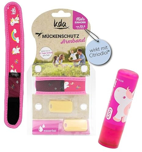 kda Mückenschutzarmband Kids Einhorn + Lippenpflege Einhorn - Einhorn Edition Mädchen Urlaub Lippenpflege Sonnenschutz Mückenschutz Moskito Insektenschutz Outdoor Wandern Camping Sport DEET frei