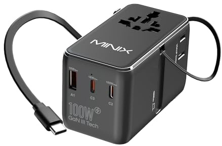 MINIX Universal-Reiseadapter 100 W mit einziehbarem USB-C-Kabel, PD 3.0 GaN III, USB-C-Anschlüsse x 3 USBA x 1, AC-Anschluss, globales Reise-Ladegerät für Laptops, Tablets, Telefone