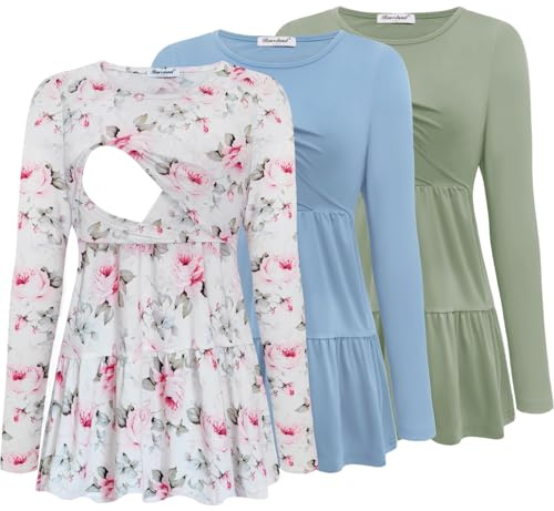 Bearsland Set di 3 magliette da donna per allattamento, a maniche lunghe, con scollo a barchetta, M