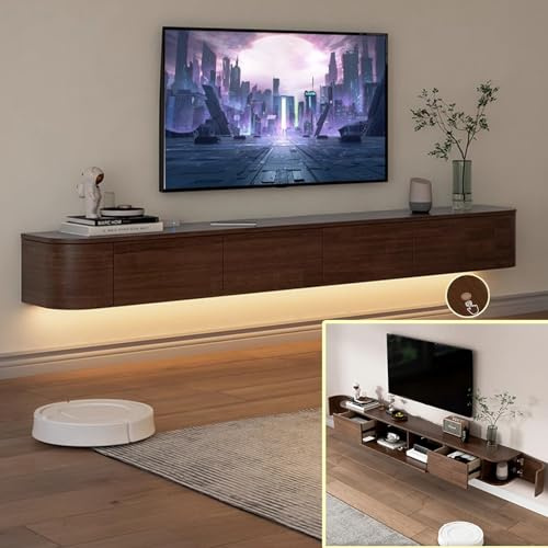 XDXINY Flytande TV-väggfäste i massivt trä med dörr, väggmonterad multimediakonsol med stort förvaringsutrymme och bänk under
