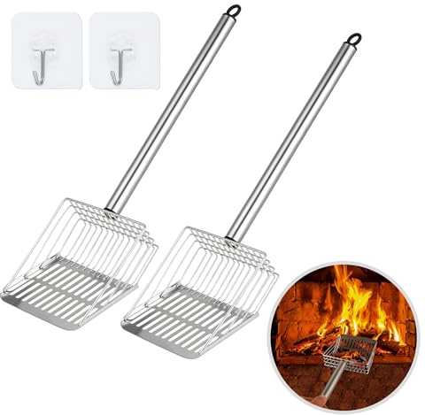 SUPXYC 2PCS Hollow Out Fireplace Ash Sifter, Long Handle Fireplace Ash Sifter, Wood Stove Ash Sifter with Self-Adhesive Hook, Hollow Out Fireplace Shovel for Fireplaces, Outdoor BBQ Grills (17inch)