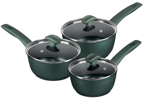 Prestige Earth Friendly Non-Toxic Non-Stick Induction Saucepan Set with Lids – 3 Piece (16cm, 18cm, 20cm), Plant Based Coating, Non Toxic, Made in Italy, Green