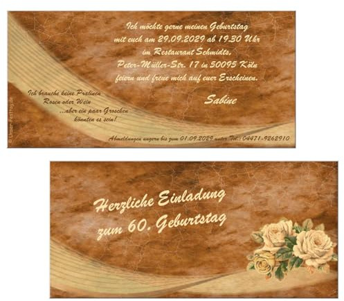 Einladungskarten zum runden Geburtstag, jedes Alter möglich 40 50 60 70 | als digitale Datei (2 JPG) oder gedruckt auf hochwertigen Feinstkarton, Text änderbar, doppelseitig, 1 - 200 Karten