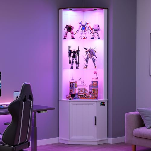Gurexl Vetrina in Vetro con Illuminazione RGB a 24 Colori,Vetrina Angolare con Sensore e Porta In Vetros & Serratura,Vetrinas Angolare con Ripiani Regolabili e 1 Portaoggetti Per Libreria,Curio,Bianco