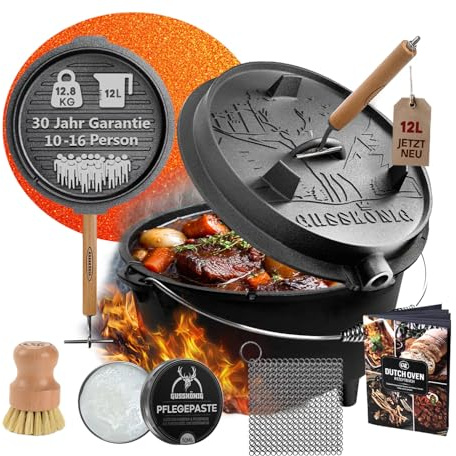 GUSSKÖNIG Dutch Oven Set–Eingebrannter Dutch Oven 12L [9–14 Person]– Feuertopf Gusseisen mit Füßen–Schmortopf Doppelfunktion–inkl. 2in1 Deckelheber,Ringreiniger,Bürste & Rezeptbuch-30 Jahre Garantie