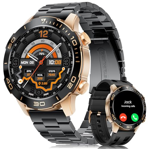 Smartwatch Herren mit Telefonfunktion, 1.43'' AMOLED Touchscreen, Fitnessuhr mit 100+ Sportmodi, Herz-/Schlaftracking, Stress, Calorie, IP68 Wasserdicht, Sportuhr für iOS/Android, Schwarz Amber