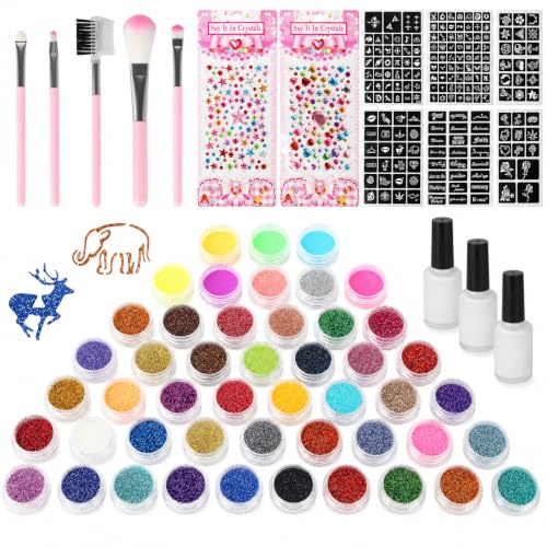 Glitzer Tattoo Set Kinder, 48 Farben, 192 Schablonen, 5 Pinsel | Mit 3 Tattoo-Klebern und 2 Glitzer-Stickern für temporäre Tattoos, Partys, Geburtstage, Halloween und kreative Bastelideen