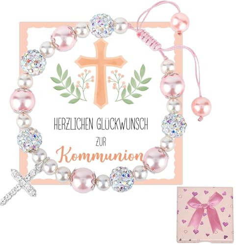 JOYEASE Kommunion Geschenke für Mädchen, Perlen Kreuz Armband mit Kommunionkarten Geschenkbox, Erstkommunion Geschenke Mädchen