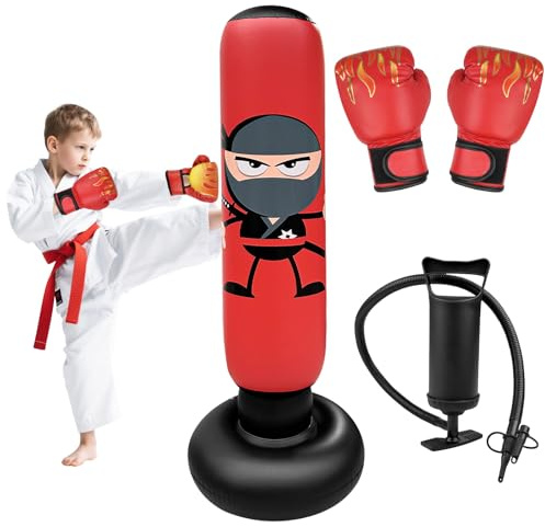 Homshsjhkis Sacco da Boxe da Terra, Stabile Pungiball Bambini con Guantoni e Pompa, Sacco Boxe Gonfiabile per Bambini, Più Grandi e Stabili, Regalo Perfetto per Praticare Karate, Taekwondo, MMA